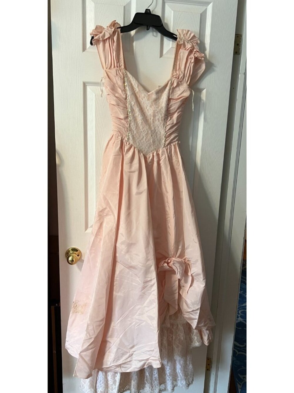Gunne Sax Vintage Pink Taffeta Formal Prom Dress Lace Ruffles Sz 5 1980s Big bow